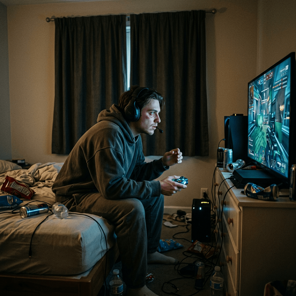 Young man playing video game seated on bed in cluttered room