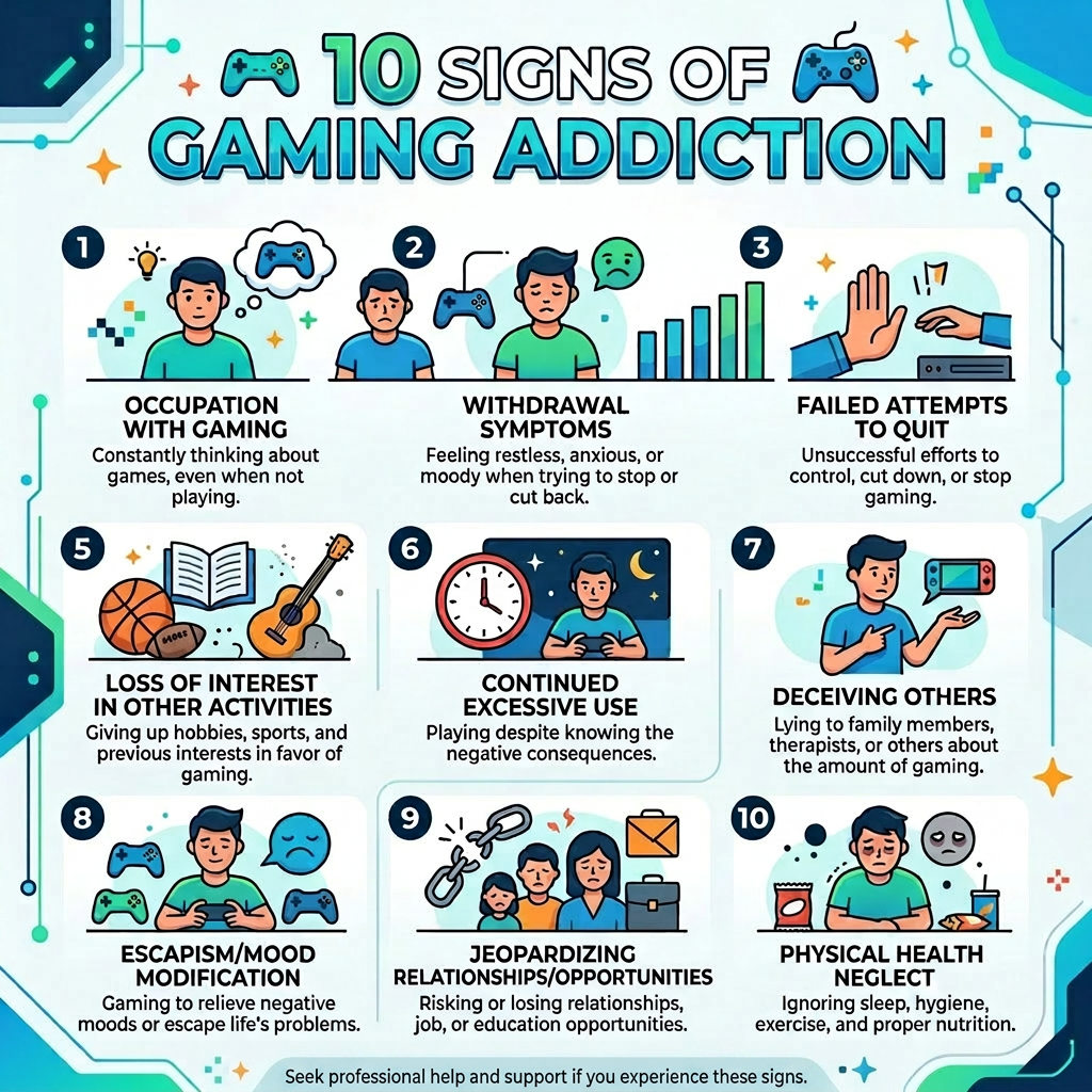 Ten signs of gaming addiction including occupation with gaming, withdrawal symptoms, failed attempts to quit, loss of interest in activities, continued excessive use, deceiving others, escapism, jeopardizing relationships, and physical health neglect.