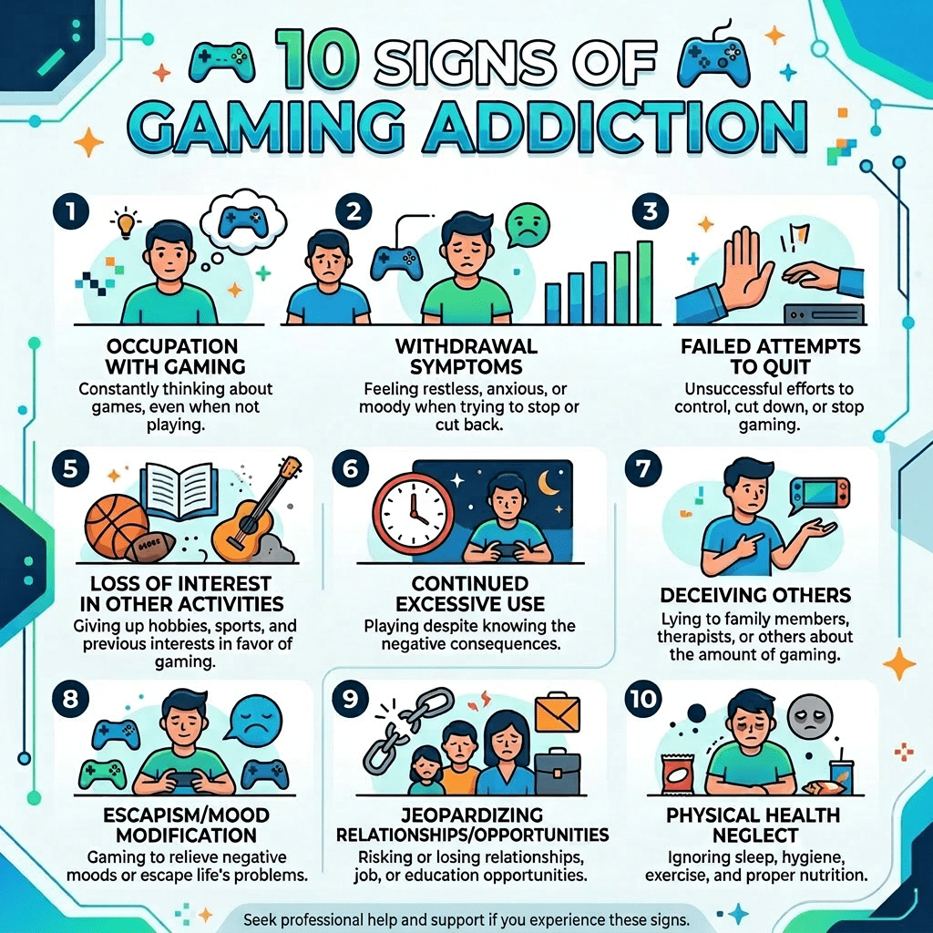 Ten signs of gaming addiction including occupation with gaming, withdrawal symptoms, failed attempts to quit, loss of interest in activities, continued excessive use, deceiving others, escapism, jeopardizing relationships, and physical health neglect.